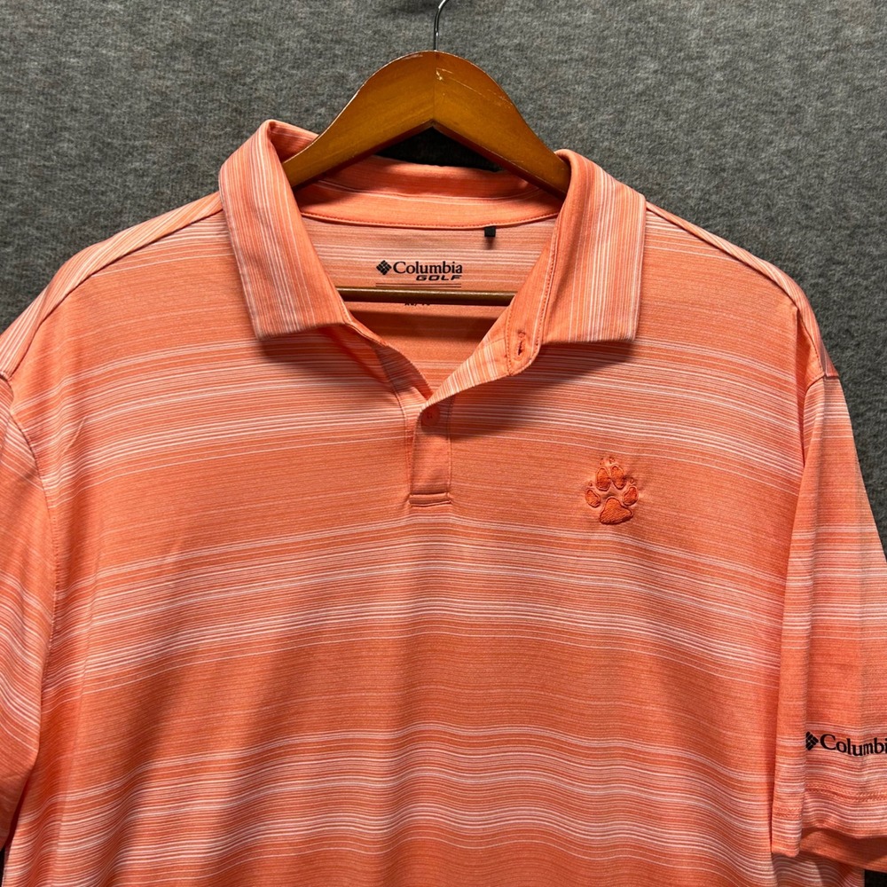 Columbia‎ Golf Mens XL Orange Space Dye Stripe Clemson Paw Polo Shirt